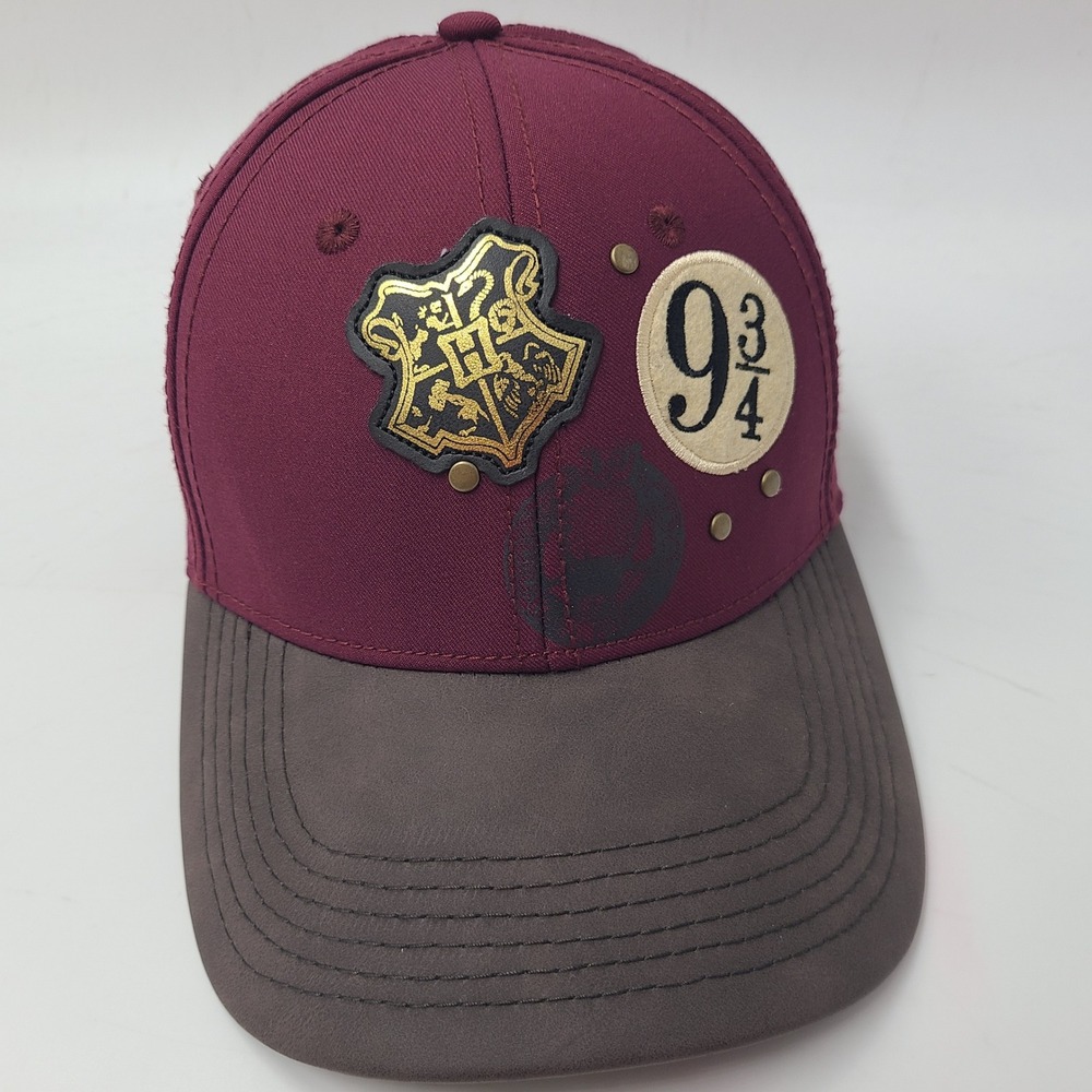 Harry Potter Hat Strapback Maroon Platform 9 3/4 Hogwarts Crest Faux Leather Men